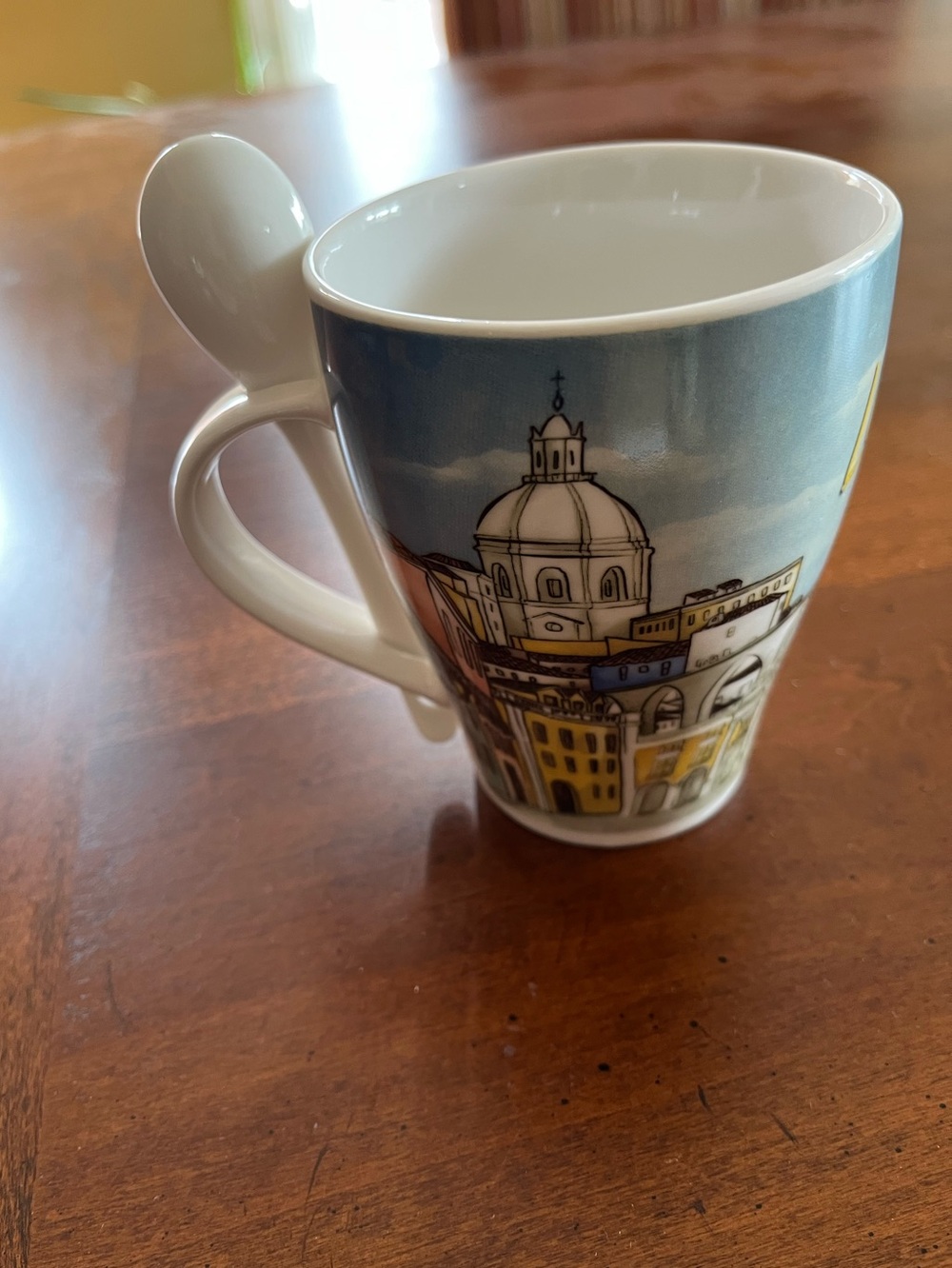Ceramic Cityscape Spoon-Handle Mug in White and Blue